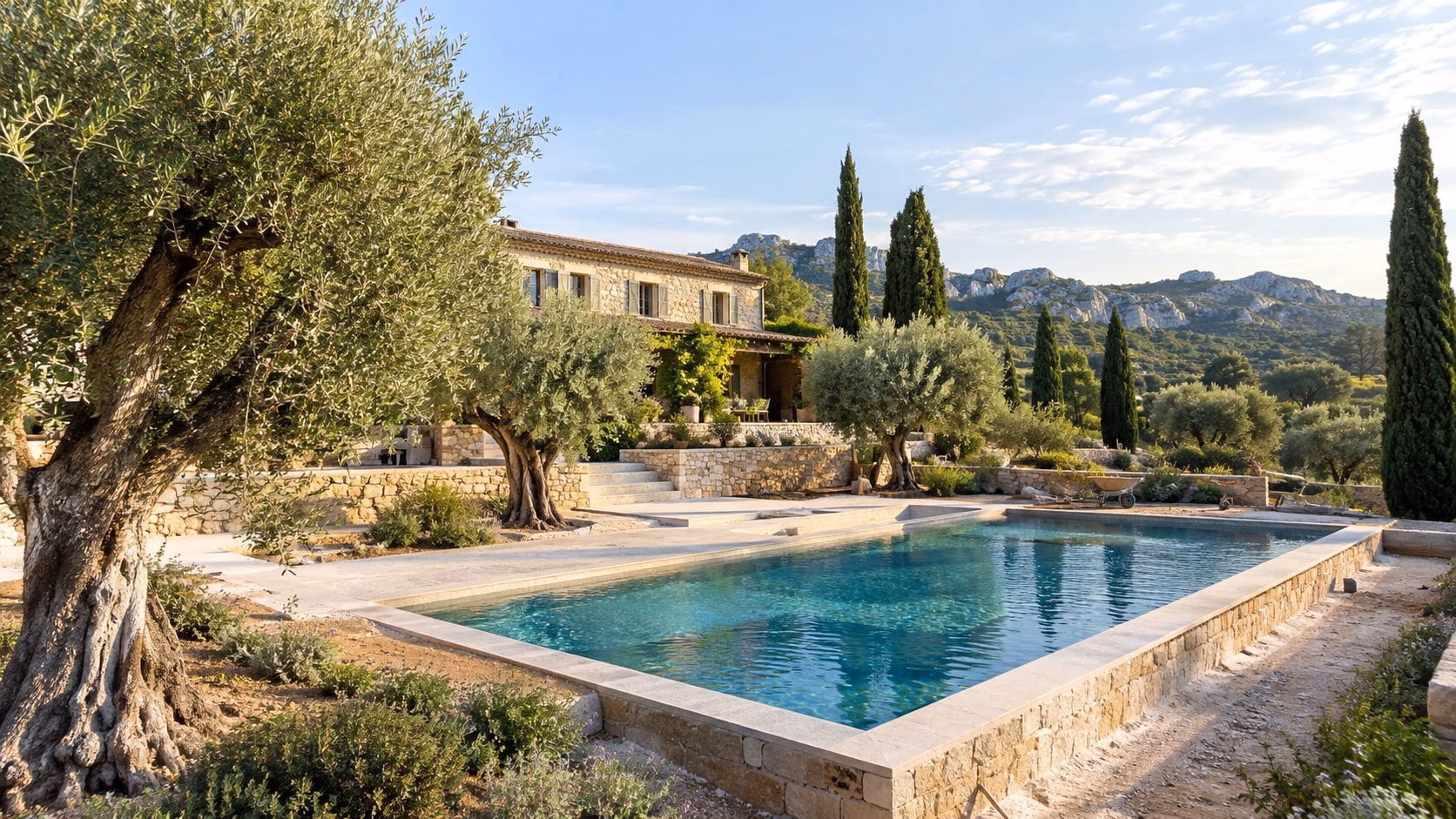 Piscine d’un mas des Alpilles, oliviers et cyprès en arrière-plan