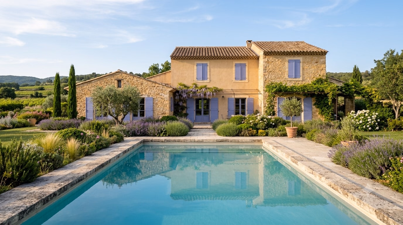 Maison de Provence avec piscine entretenue au premier plan, jardin méditerranéen